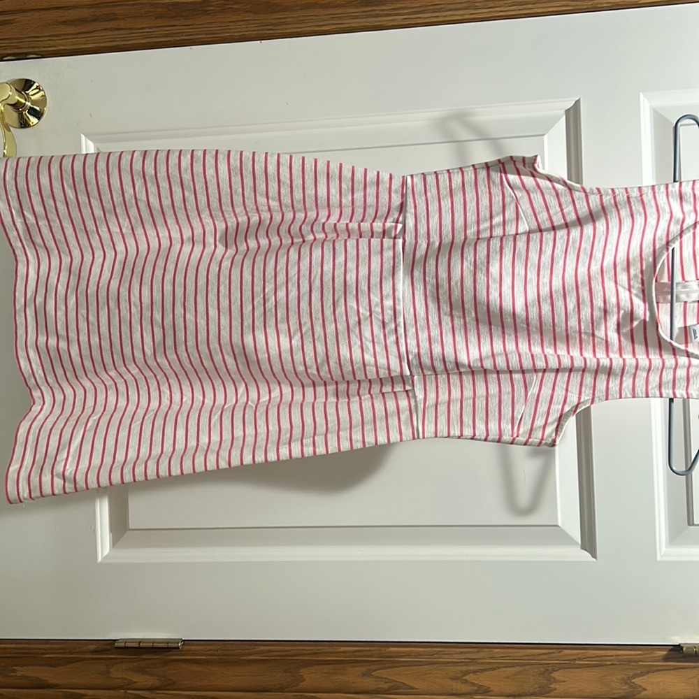 pink and white striped Old Navy zip up back dress.
